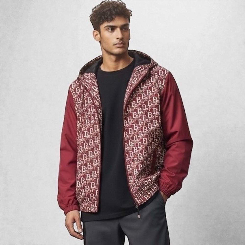 Manfinity Men's Hooded Lightweight Jacket Sz L Burgundy BEST Monogram Print NWOT